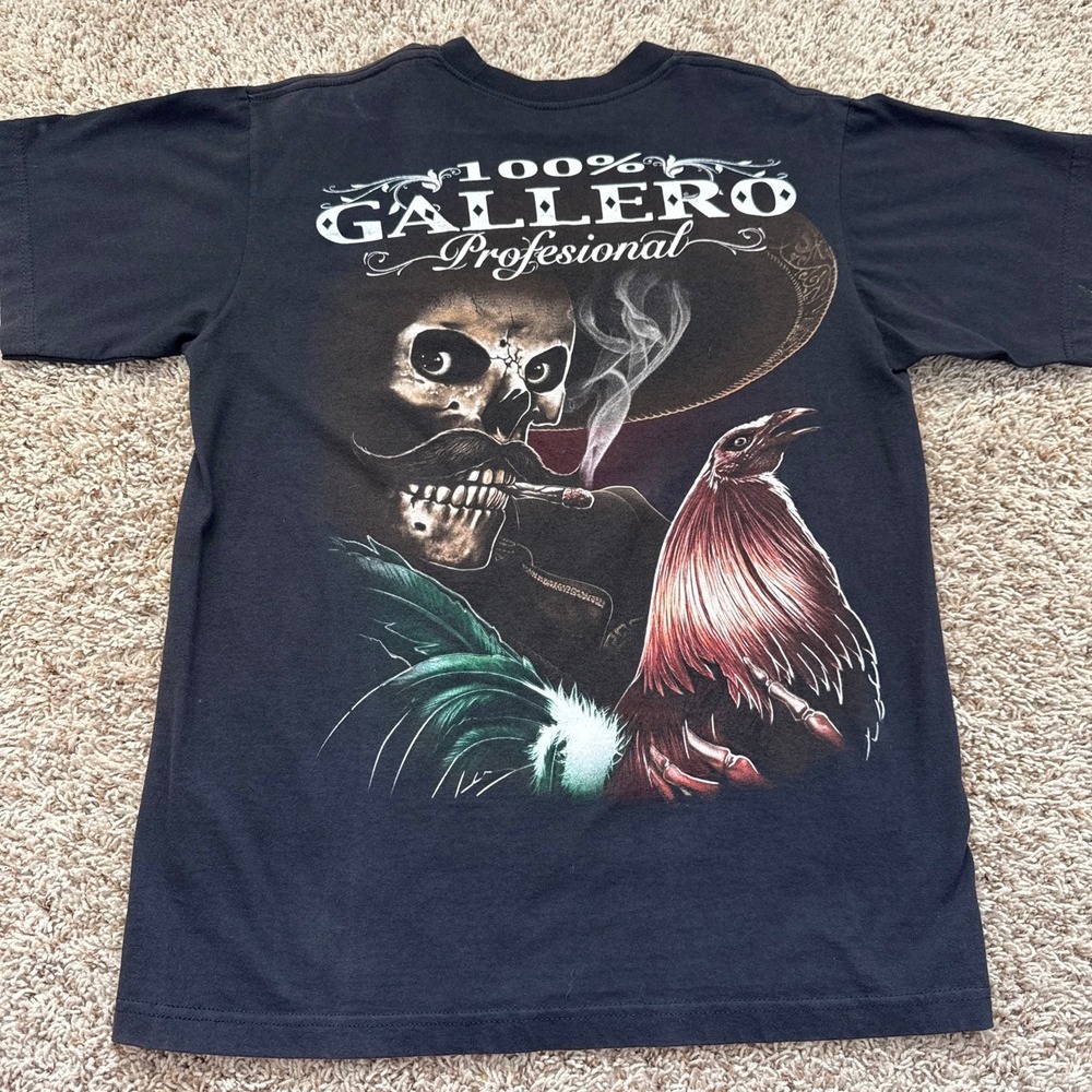 C&A Mens 100% Gallero Profesional Graphic T-Shirt Black Skull Rooster Large